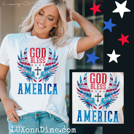 GOD BLESS AMERICA Graphic Shirt Top Cuffed Short Sleeve Tee Womans Top