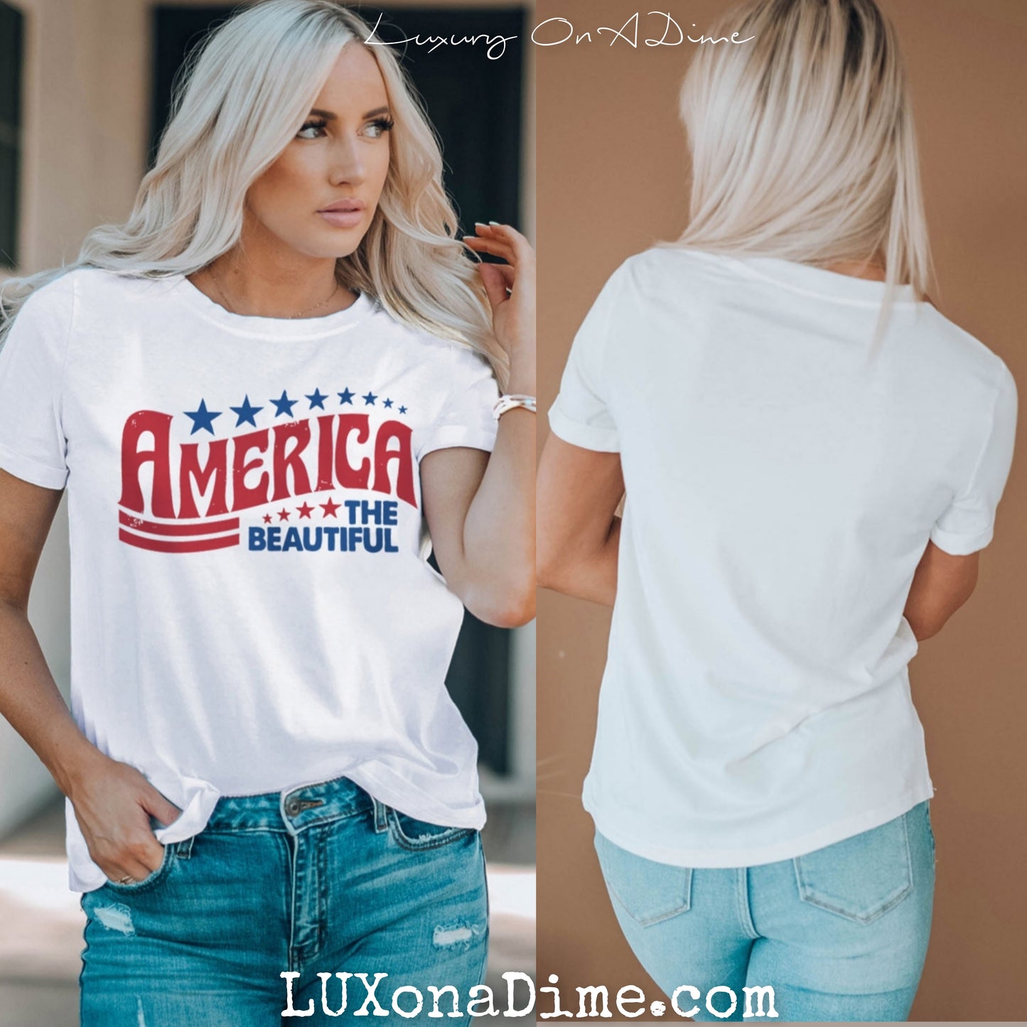 AMERICA THE BEAUTIFUL Graphic Top Classic Patriotic Tee Shirt