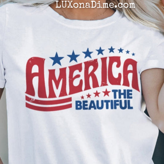 AMERICA THE BEAUTIFUL Graphic Top Classic Patriotic Cuffed Short Sleeve Shirt