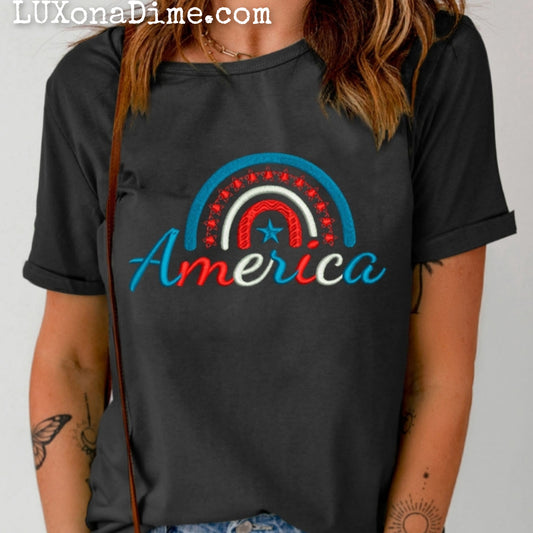 Embroidered AMERICA Patriotic Top Cuffed Short Sleeve Tee Shirt (Plus Size Available)
