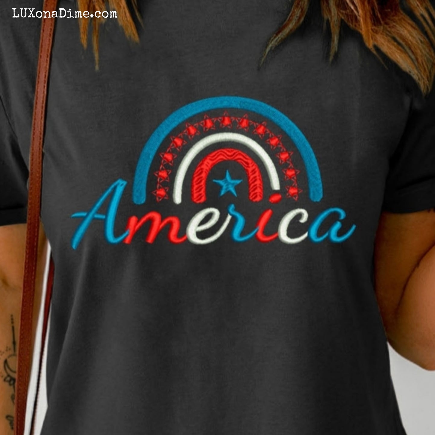 Embroidered AMERICA Patriotic Top Cuffed Short Sleeve Tee Shirt (Plus Size Available)