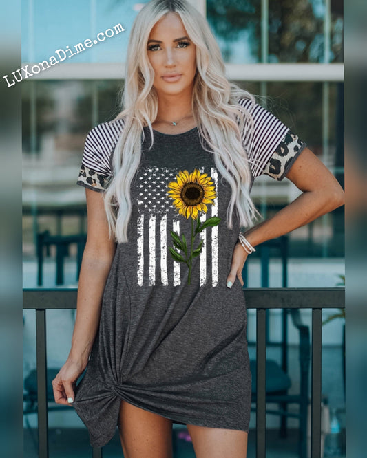 American Flag Sunflower Graphic Twisted Knot Hem T-shirt Dress
