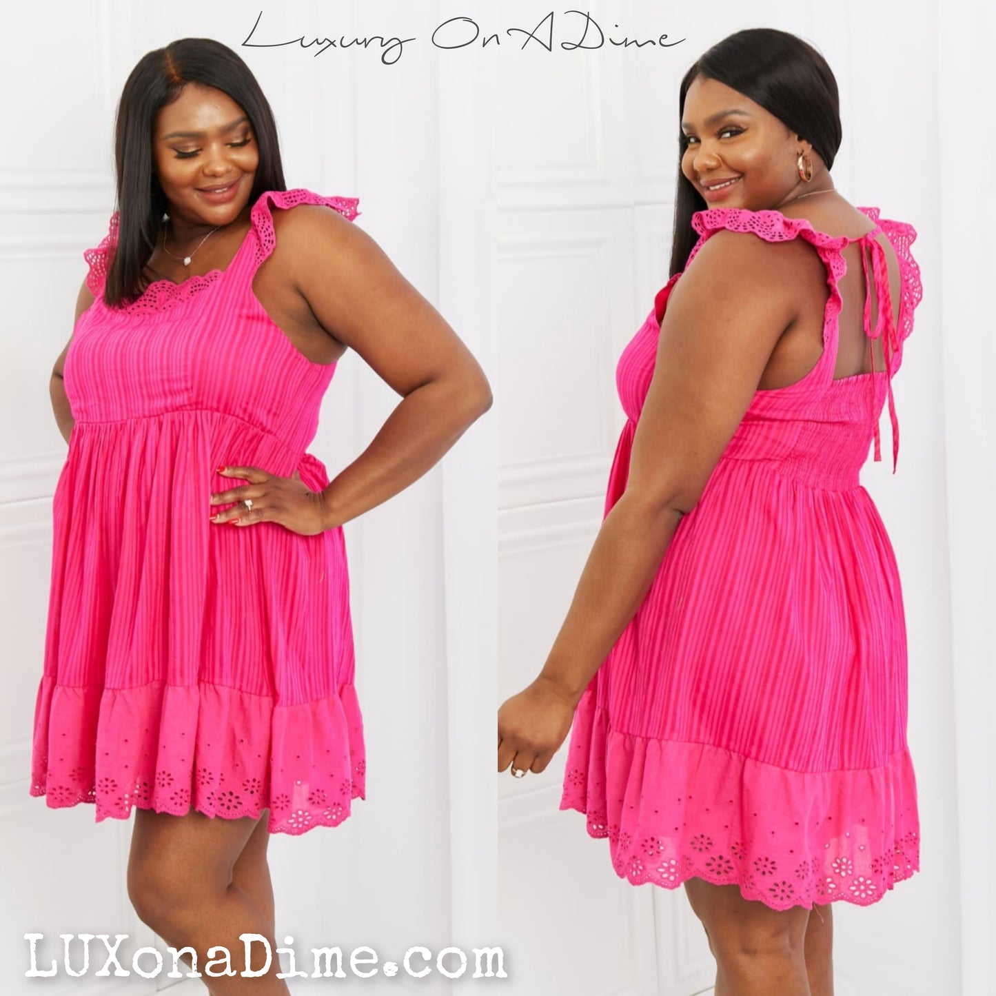Neon Hot Pink Baby Doll Lace Ruffle Mini Dress (Plus Size Available)