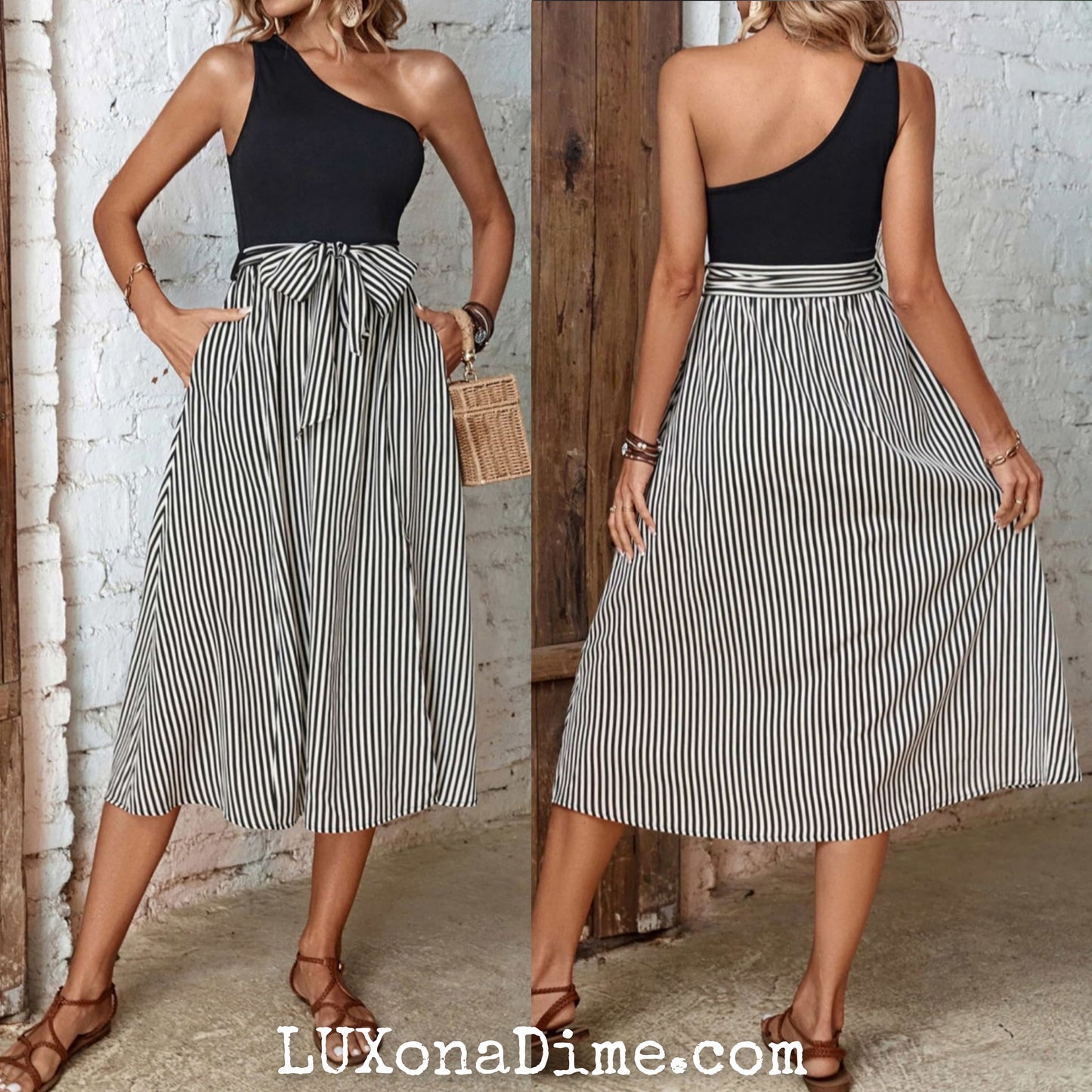 One-Shoulder Two-tone Bow Tie-Waist A-line Stripe Slit Skirt Chic Midi Dress