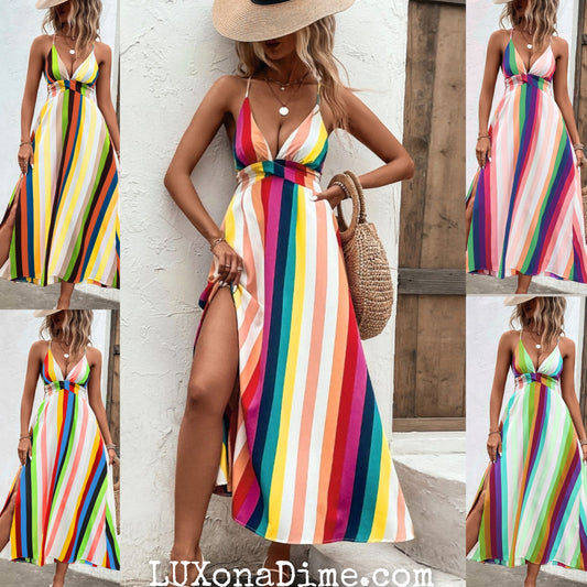 Bright Colorful Stripe Cross Tie Open Back Split Leg Maxi Dress (Plus Size Available)