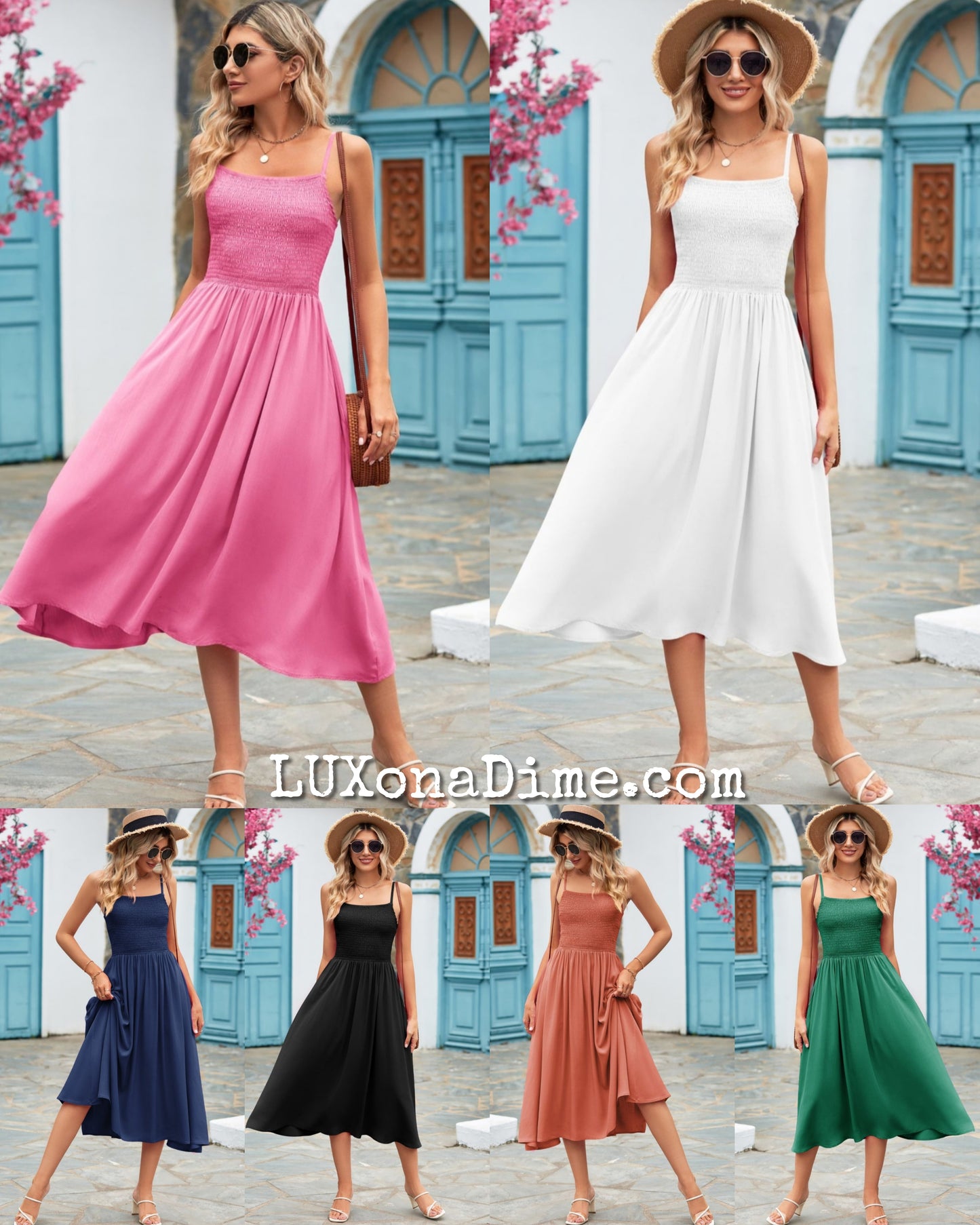 Classic Smock Bodice Spaghetti Strap Midi Summer Dress