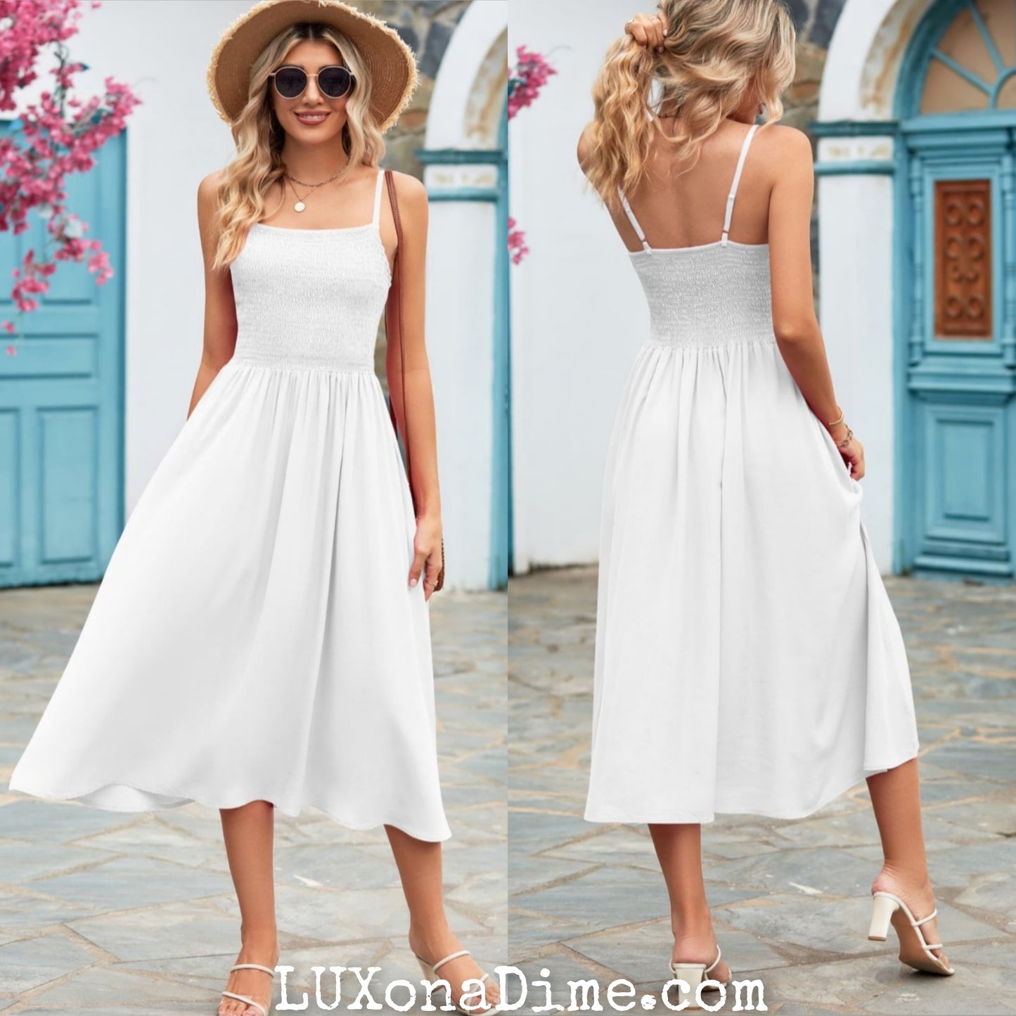 Classic Smock Bodice Spaghetti Strap Midi Summer Dress