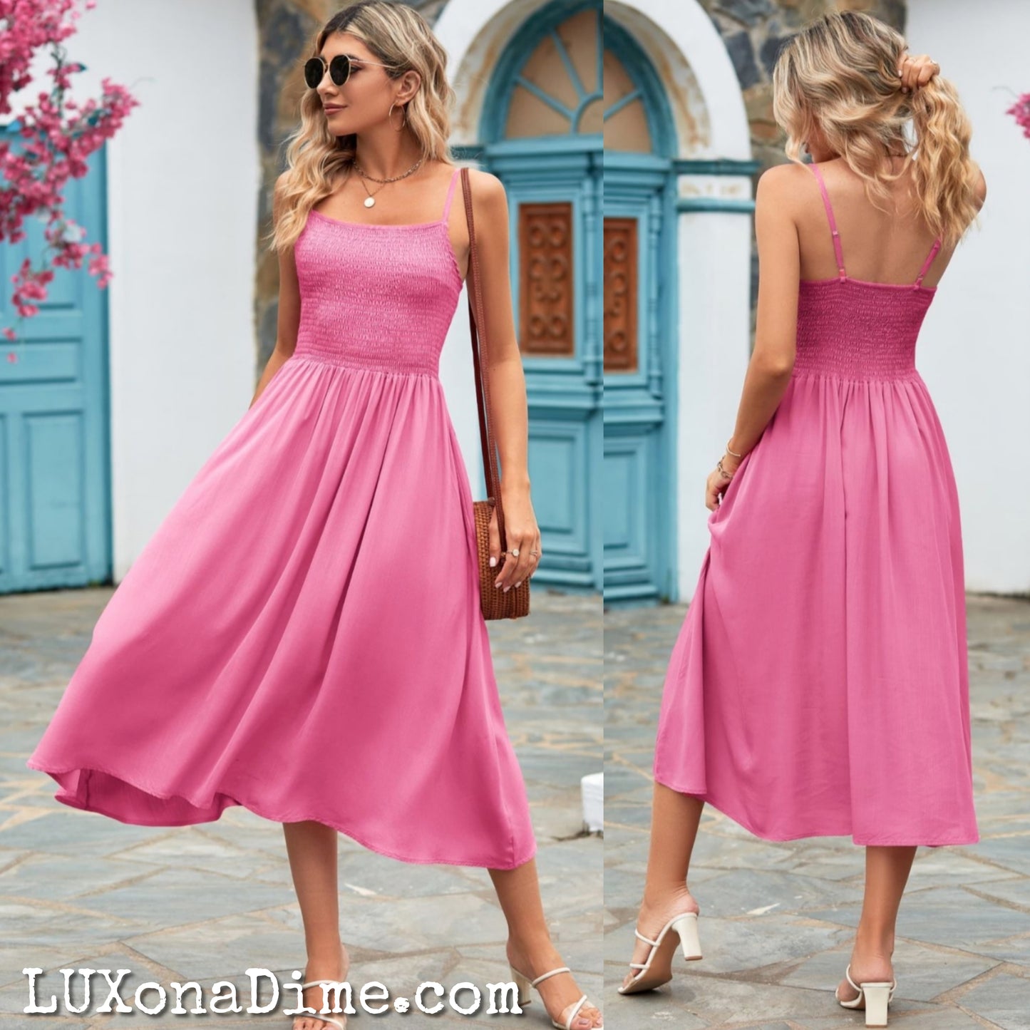 Classic Smock Bodice Spaghetti Strap Midi Summer Dress