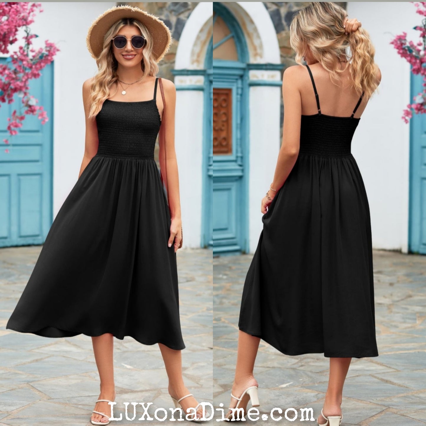 Classic Smock Bodice Spaghetti Strap Midi Summer Dress