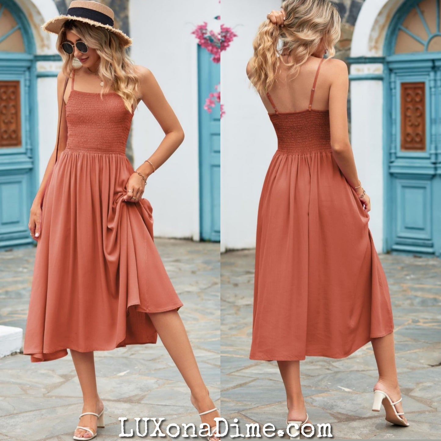 Classic Smock Bodice Spaghetti Strap Midi Summer Dress