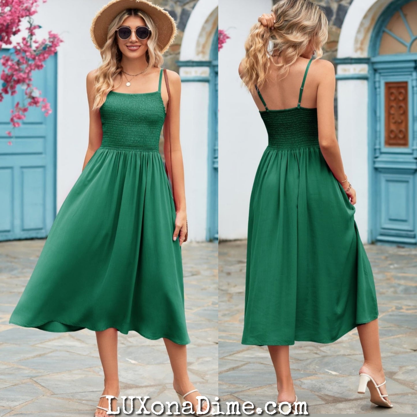 Classic Smock Bodice Spaghetti Strap Midi Summer Dress