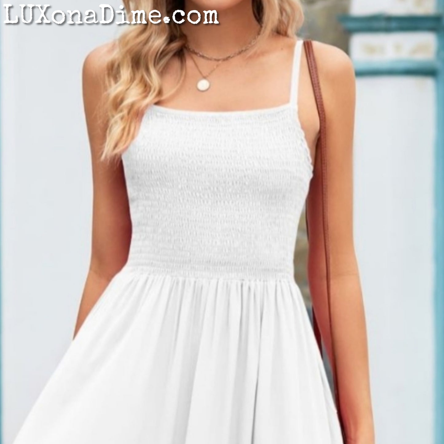 Classic Smock Bodice Spaghetti Strap Midi Summer Dress