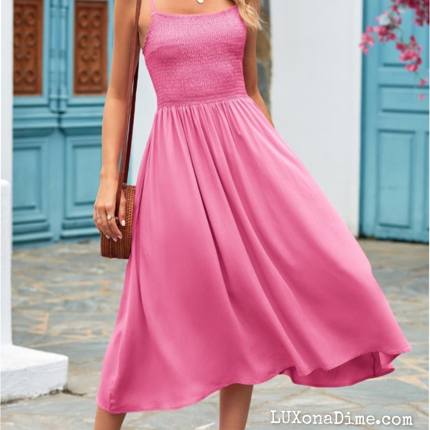 Classic Smock Bodice Spaghetti Strap Midi Summer Dress