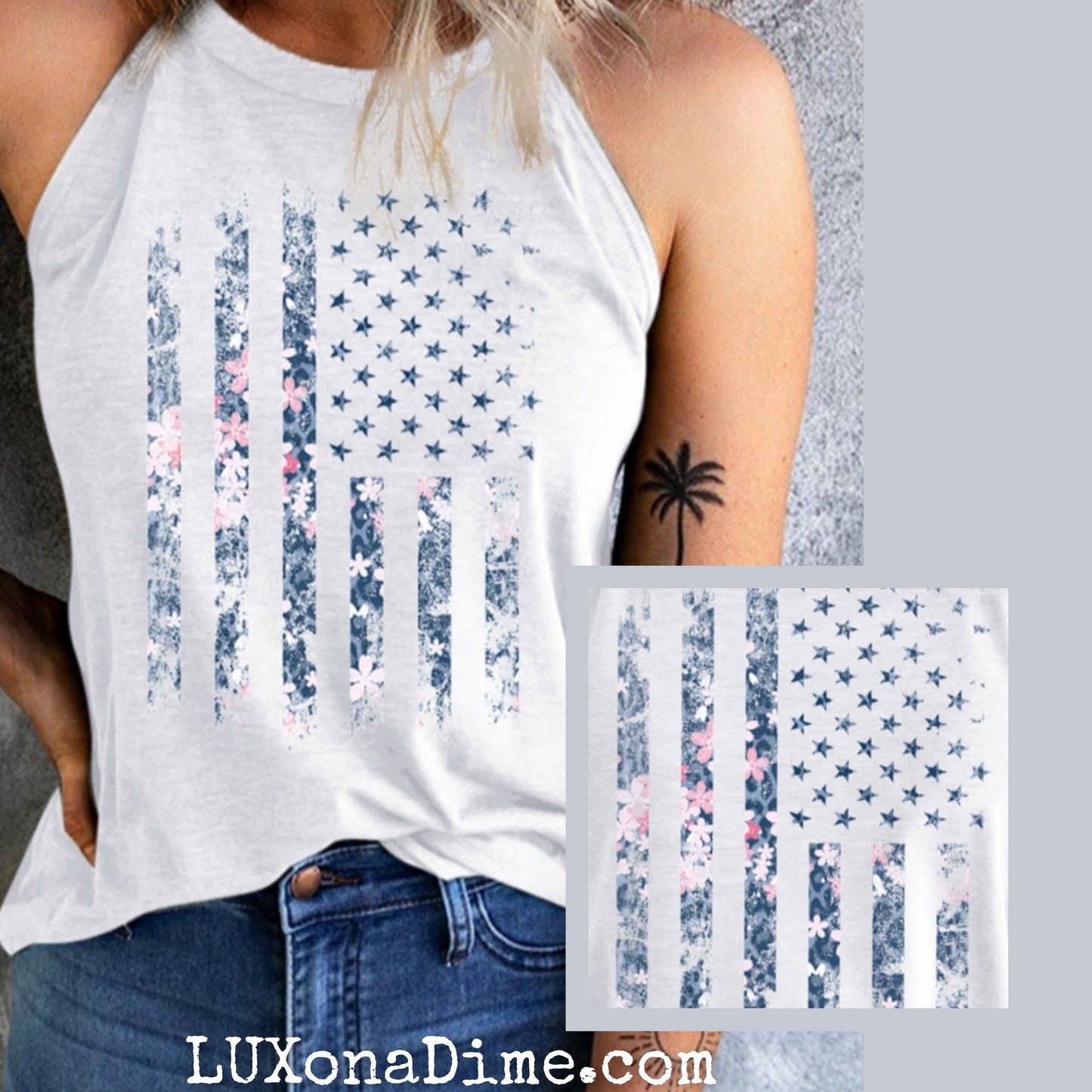 American Flag Floral Graphic Shirt Patriotic Sleeveless Grecian Tank Top
