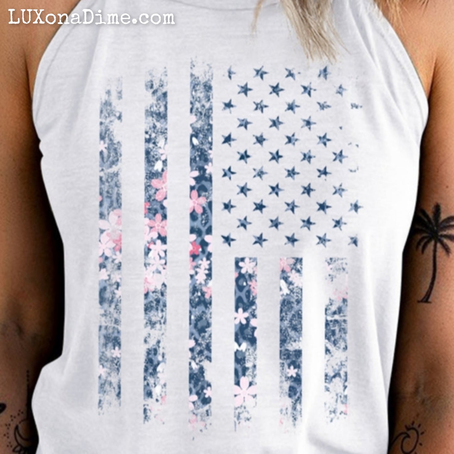 American Flag Floral Graphic Shirt Patriotic Sleeveless Grecian Tank Top