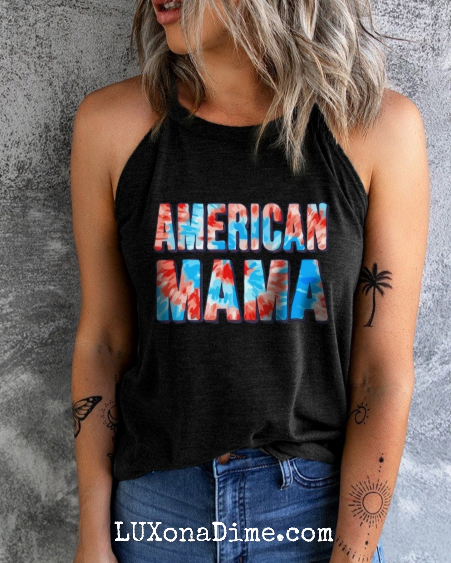 Tie-dye AMERICAN MAMA Shirt Patriotic Graphic Tank Top (Plus Size Available)