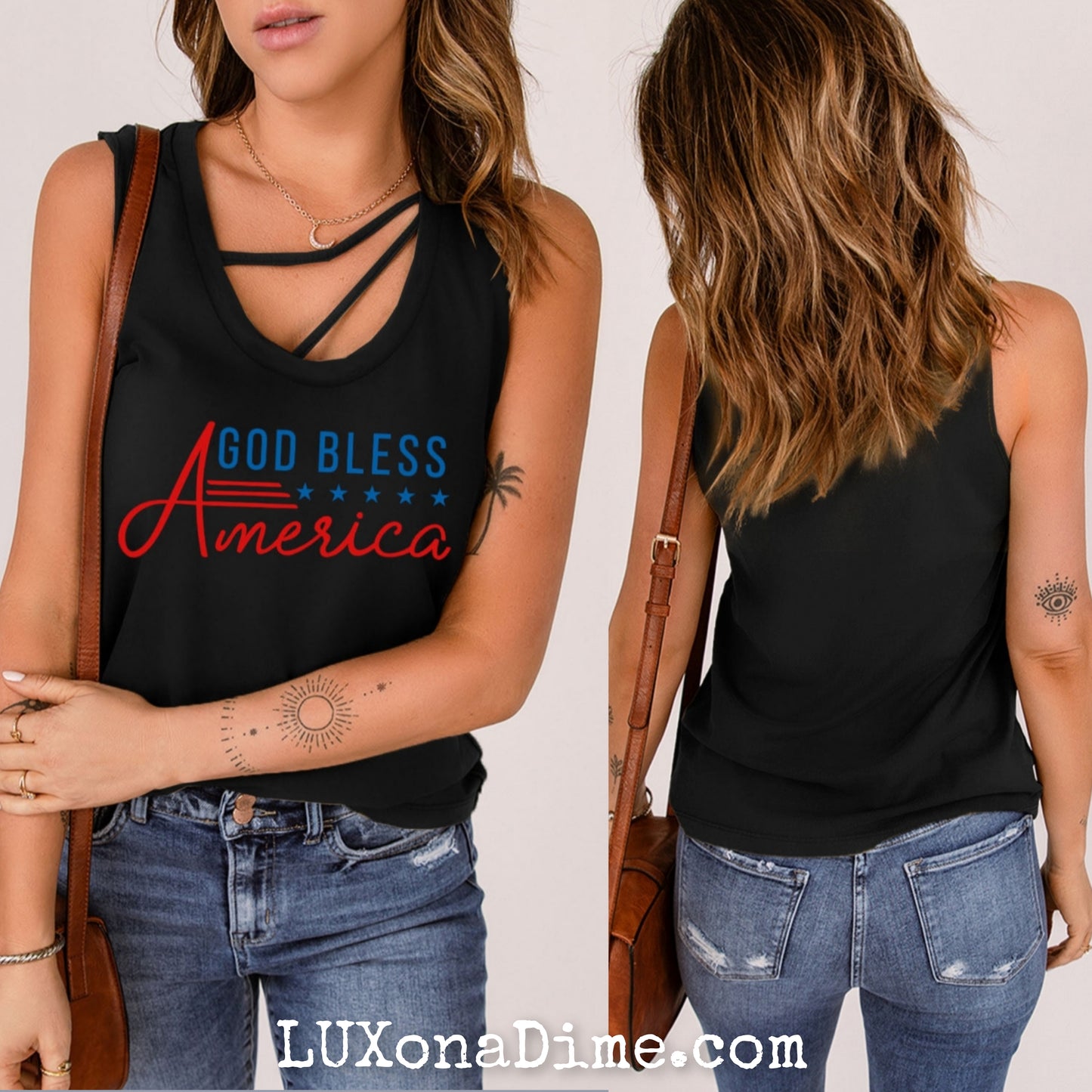 Cutout Neckline T-shirt GOD BLESS AMERICA Sleeveless Graphic Tank Top (Plus Size Available)