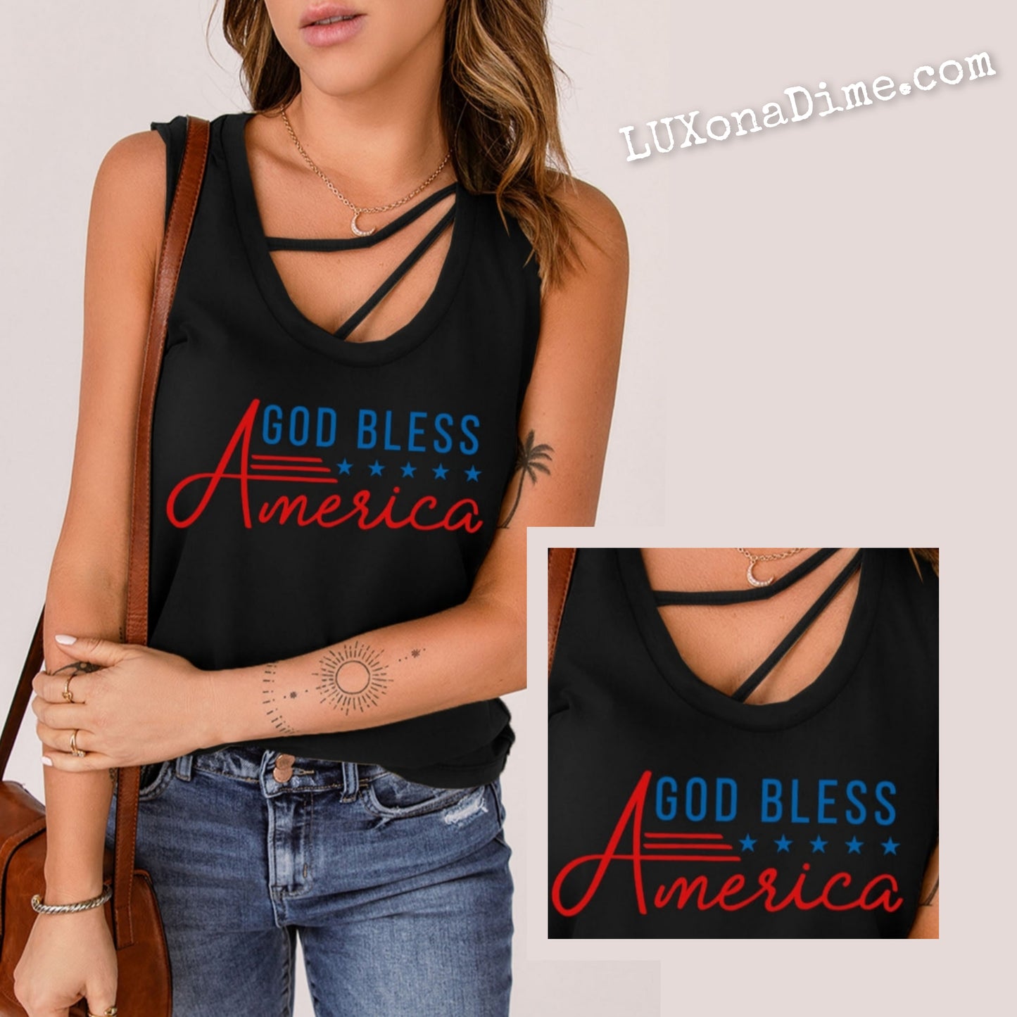 Cutout Neckline T-shirt GOD BLESS AMERICA Sleeveless Graphic Tank Top (Plus Size Available)