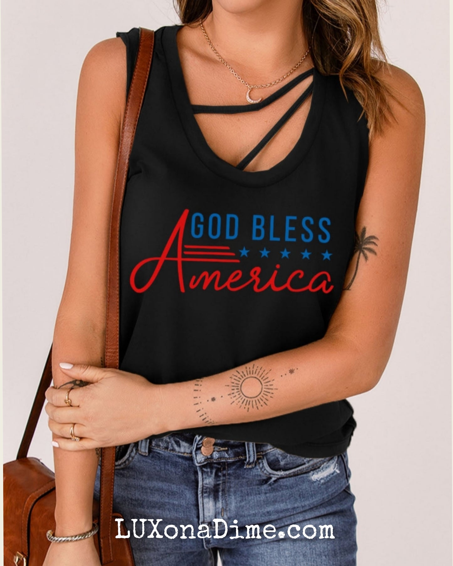 Cutout Neckline T-shirt GOD BLESS AMERICA Sleeveless Graphic Tank Top (Plus Size Available)