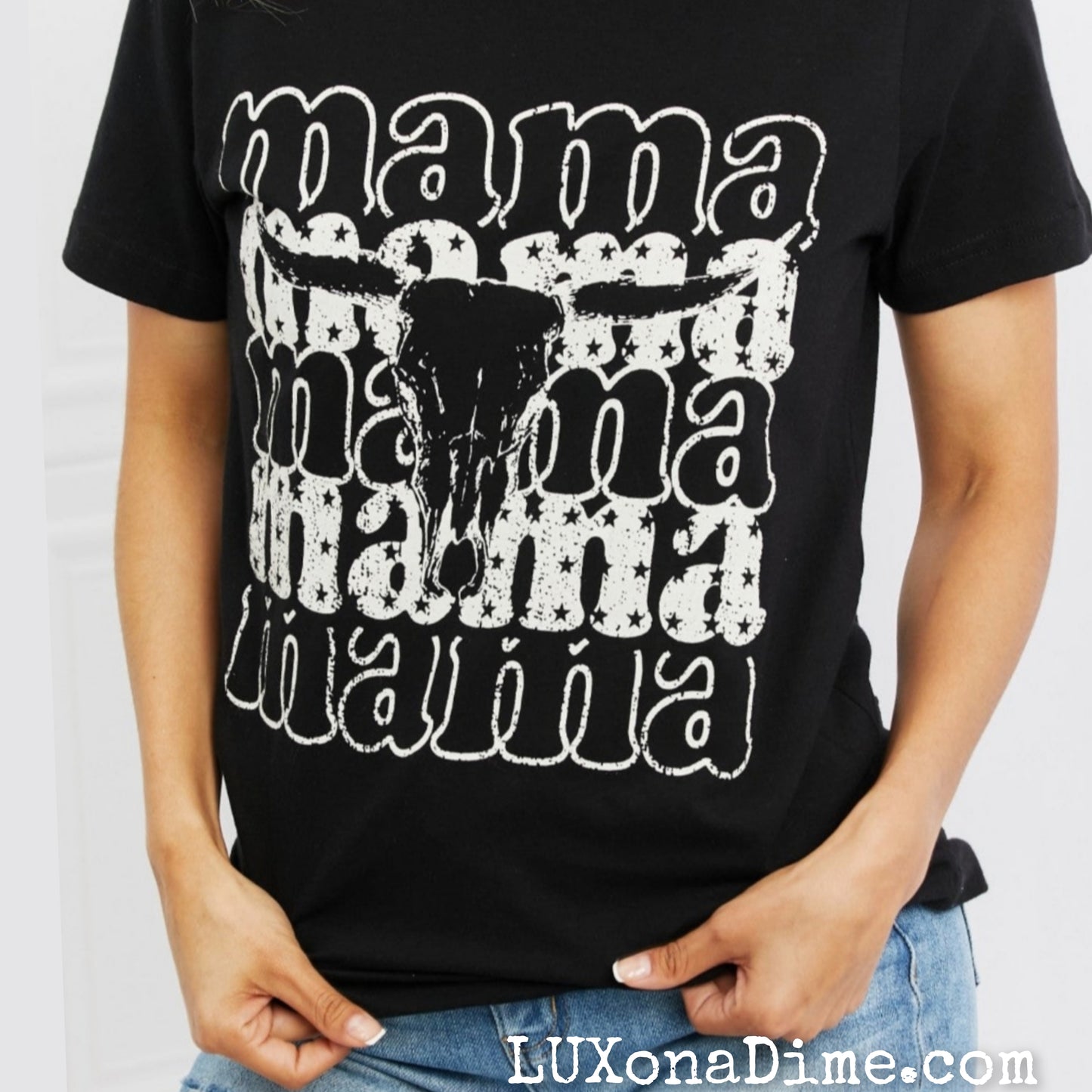 Country Western MAMA Bull Skull Graphic Tee Shirt (Plus Size Available)