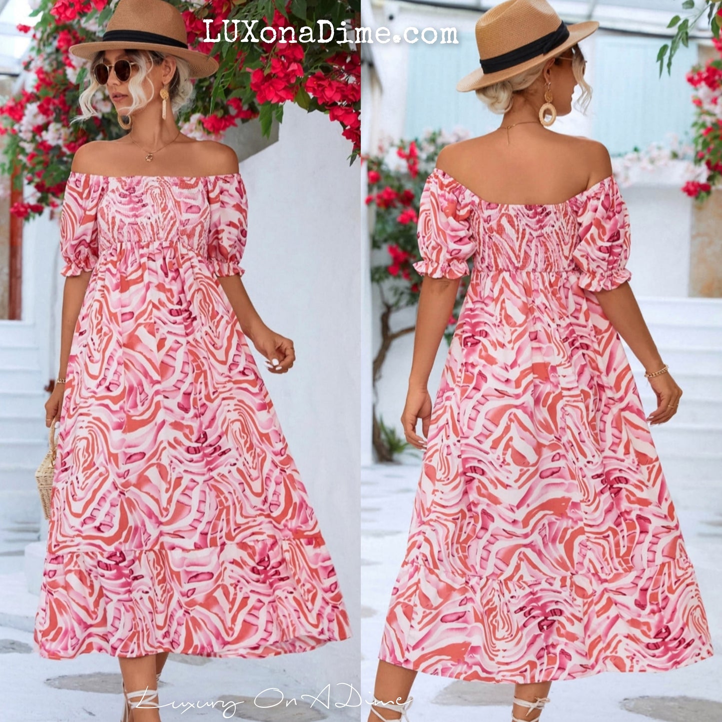 Off The Shoulder Smocked Bodice Flowing Midi Summer Dress