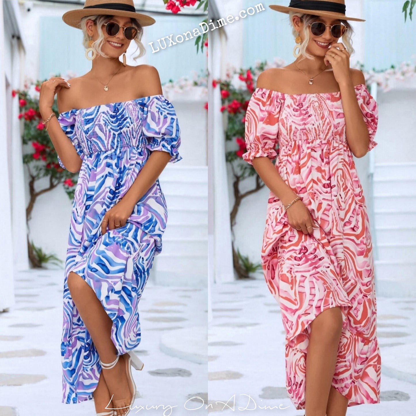 Off The Shoulder Smocked Bodice Flowing Midi Summer Dress