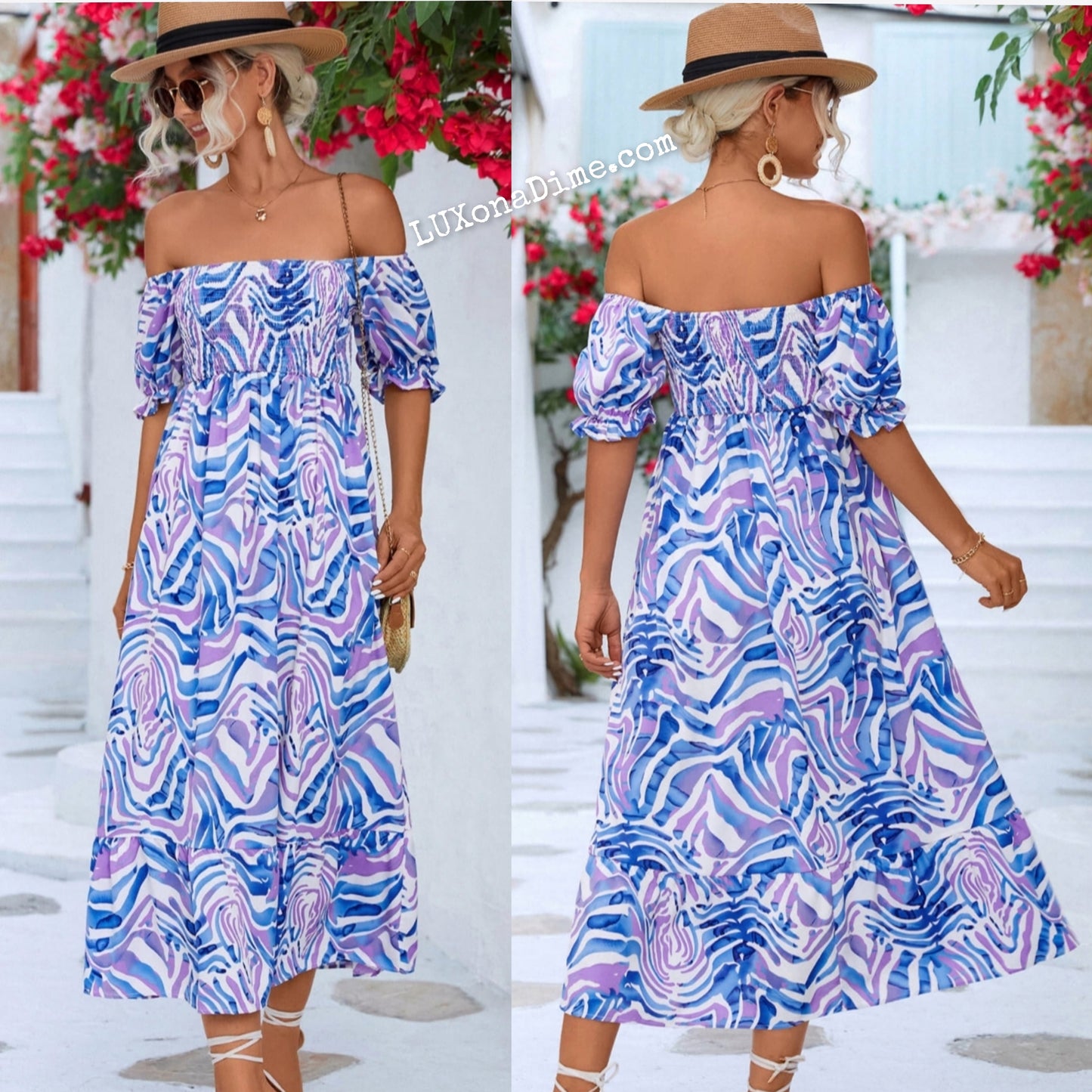 Off The Shoulder Smocked Bodice Flowing Midi Summer Dress