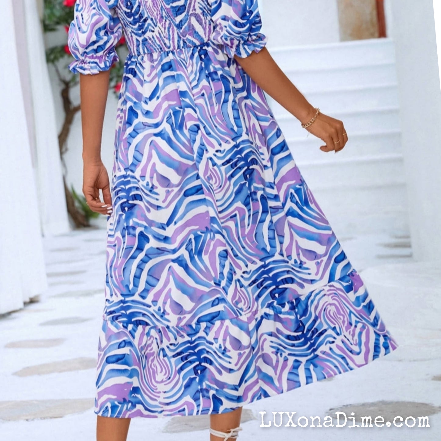 Off The Shoulder Smocked Bodice Flowing Midi Summer Dress