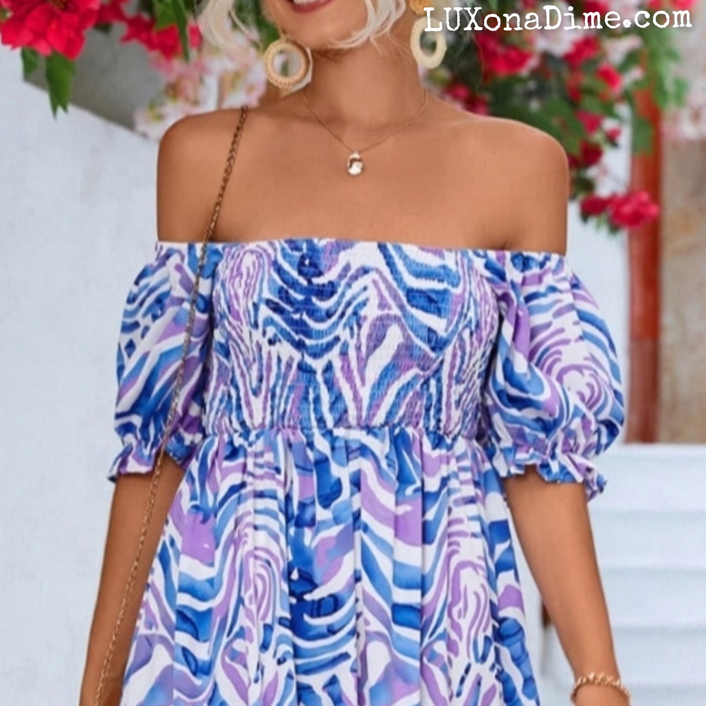 Off The Shoulder Smocked Bodice Flowing Midi Summer Dress