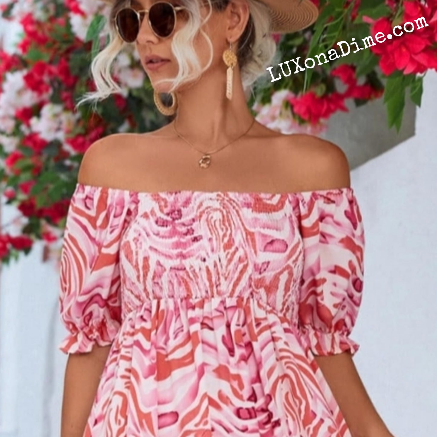 Off The Shoulder Smocked Bodice Flowing Midi Summer Dress