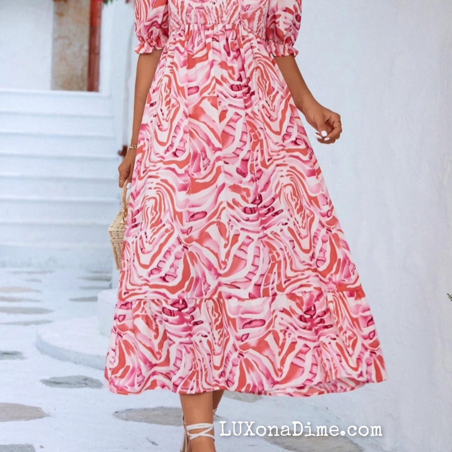 Off The Shoulder Smocked Bodice Flowing Midi Summer Dress