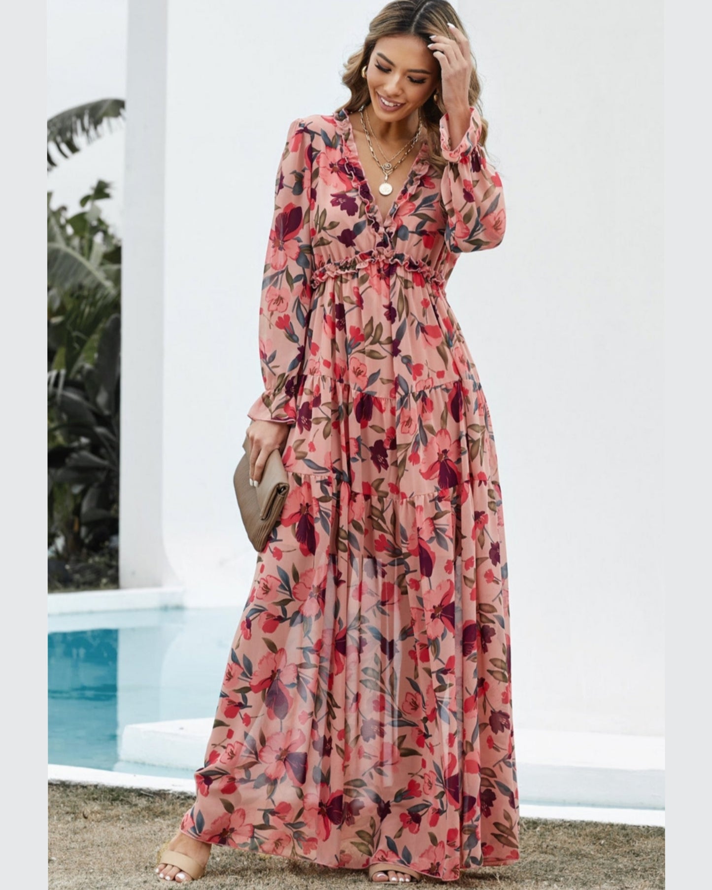 Retro Floral Long Sleeve Ruffle Tiered Flowing V-neck Maxi Dress