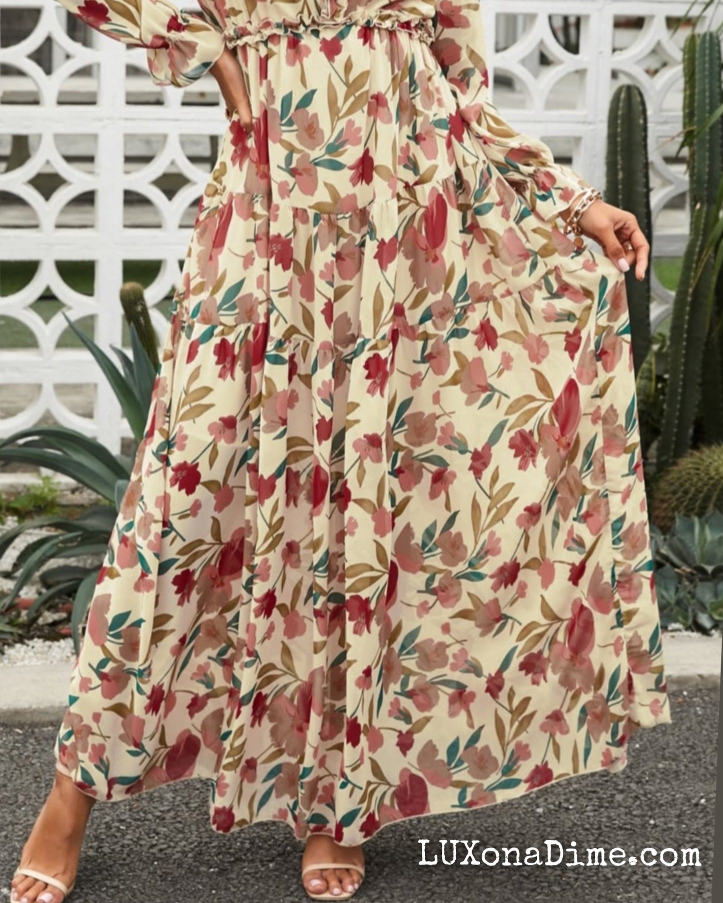 Retro Floral Long Sleeve Ruffle Tiered Flowing V-neck Maxi Dress
