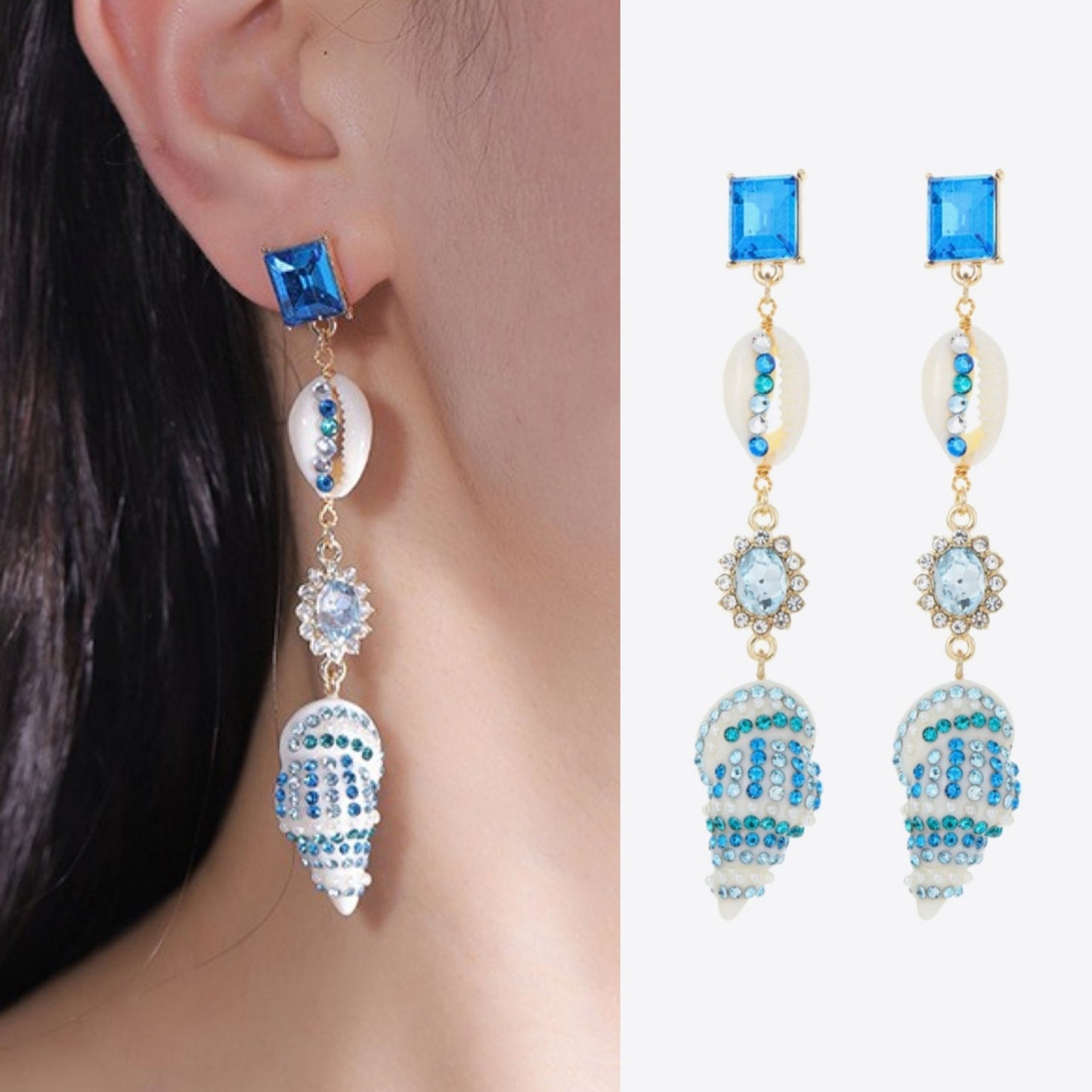 Sparkling Glass Rhinestone Encrusted Dramatic Conch Seashell Earrings