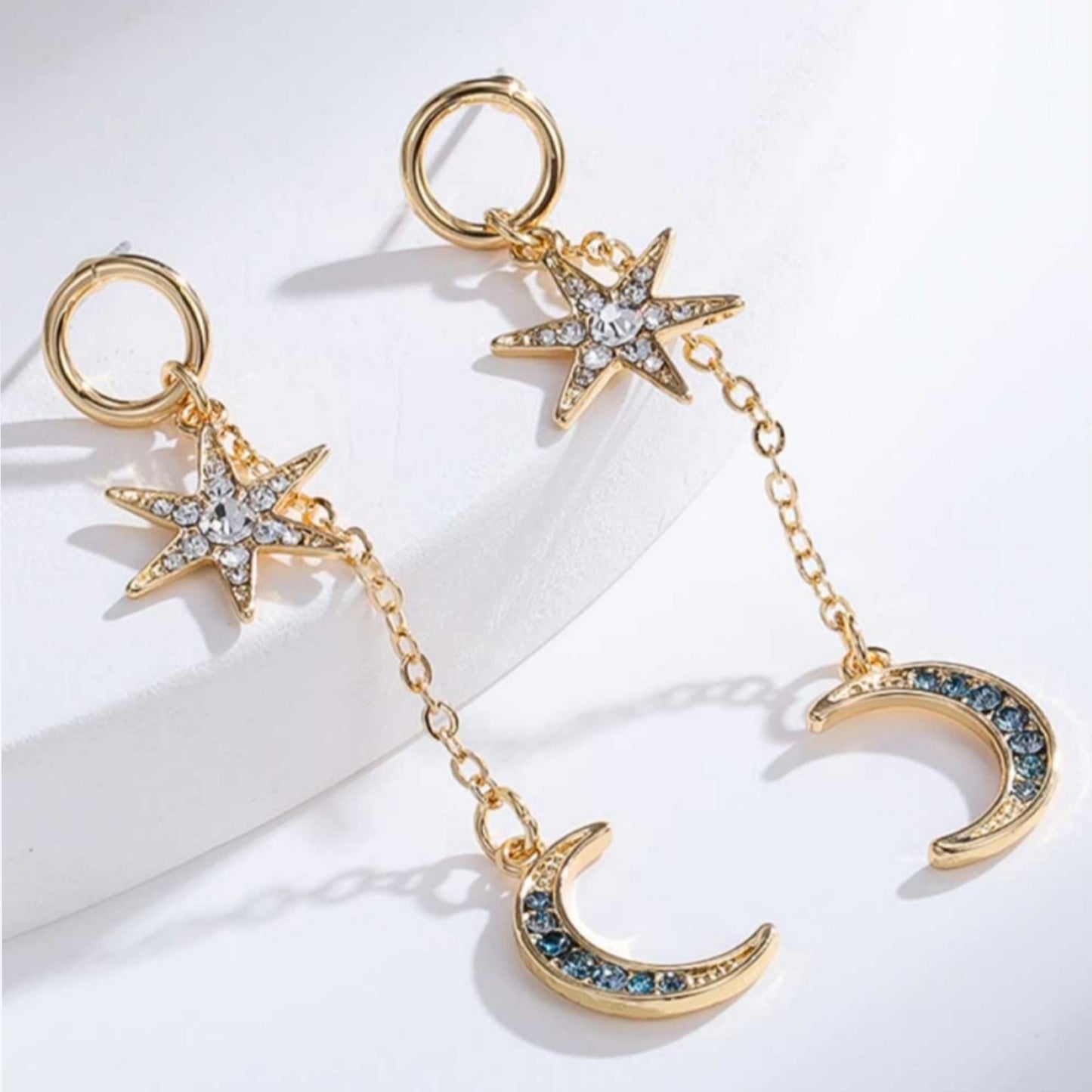 Sparkling Inlaid Rhinestone Encrusted Star & Moon Celestial Earrings