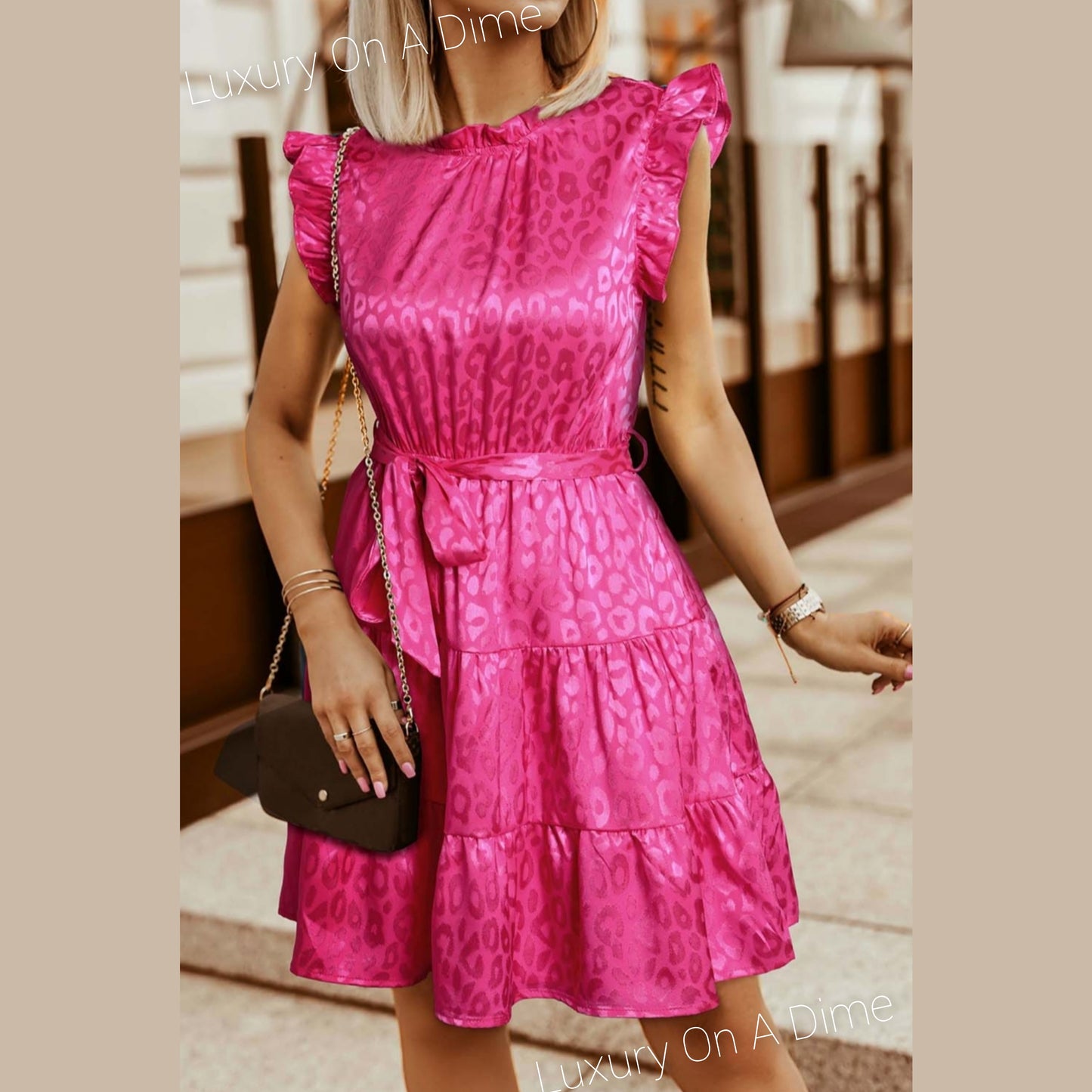 Hot Neon Pink Leopard Tie Belt Tiered Sleeveless Dress
