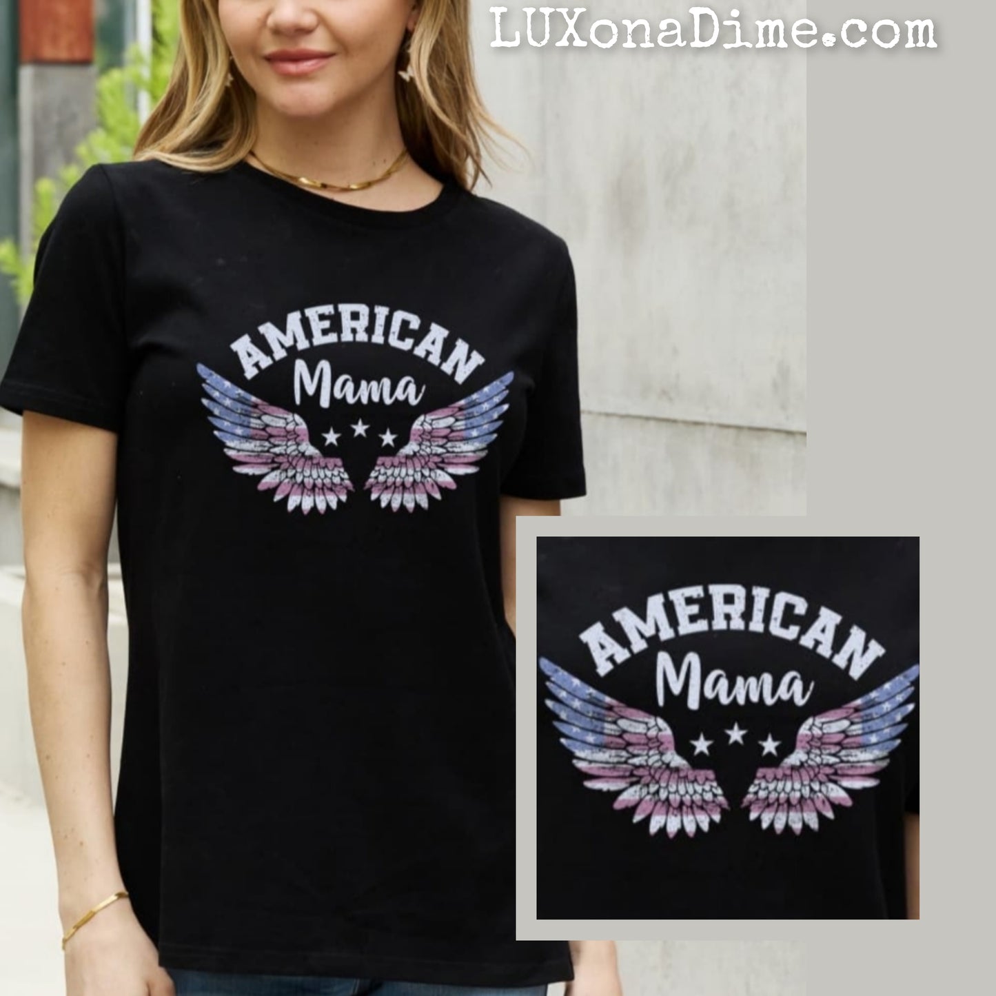 USA "AMERICAN MAMA" Patriotic Flag Wings 100% Cotton Short-sleeve Tee Shirt