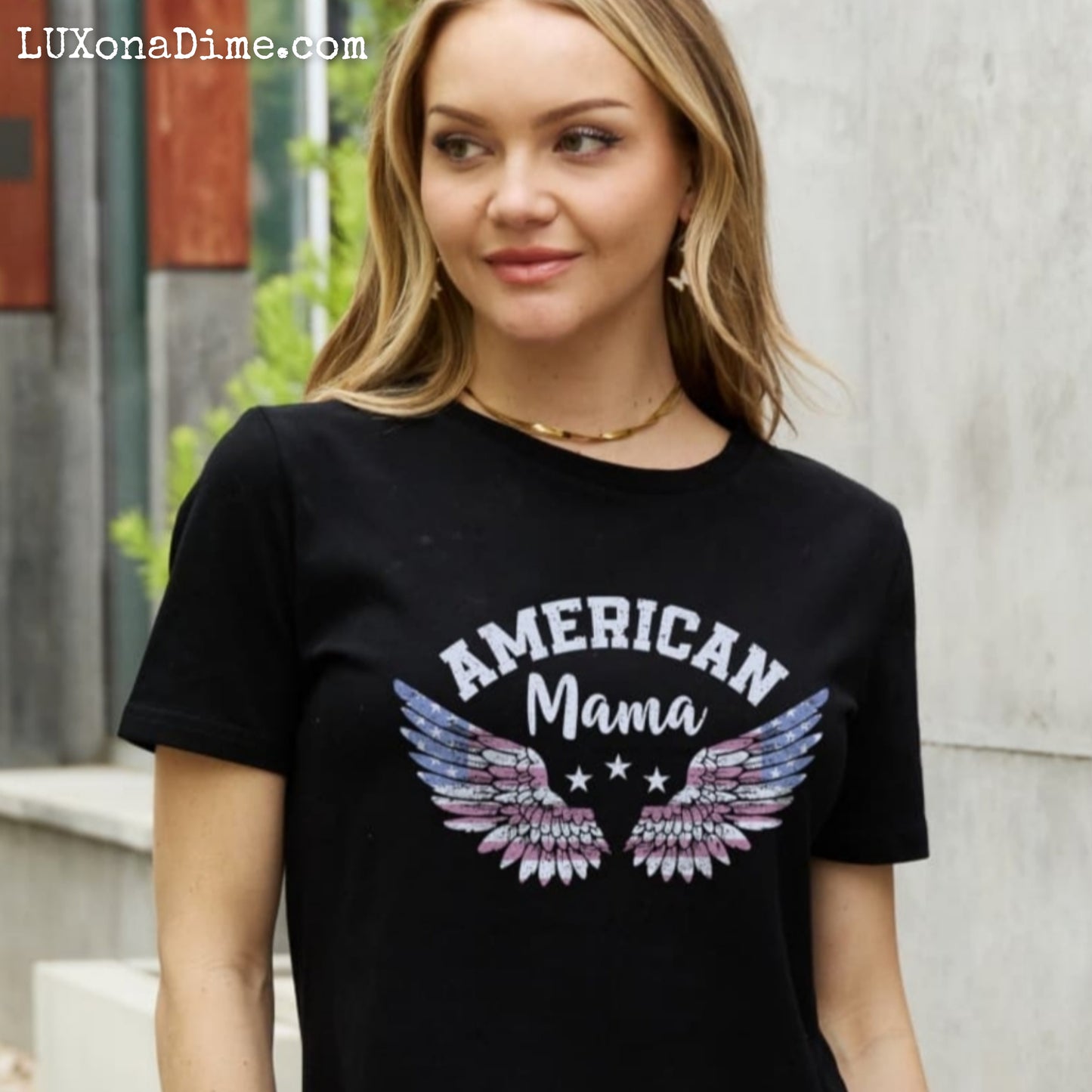 USA "AMERICAN MAMA" Patriotic Flag Wings 100% Cotton Short-sleeve Tee Shirt