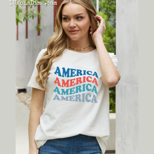 AMERICA Wave Graphic 100% Cotton Short-sleeve Patriotic USA Tee Shirt