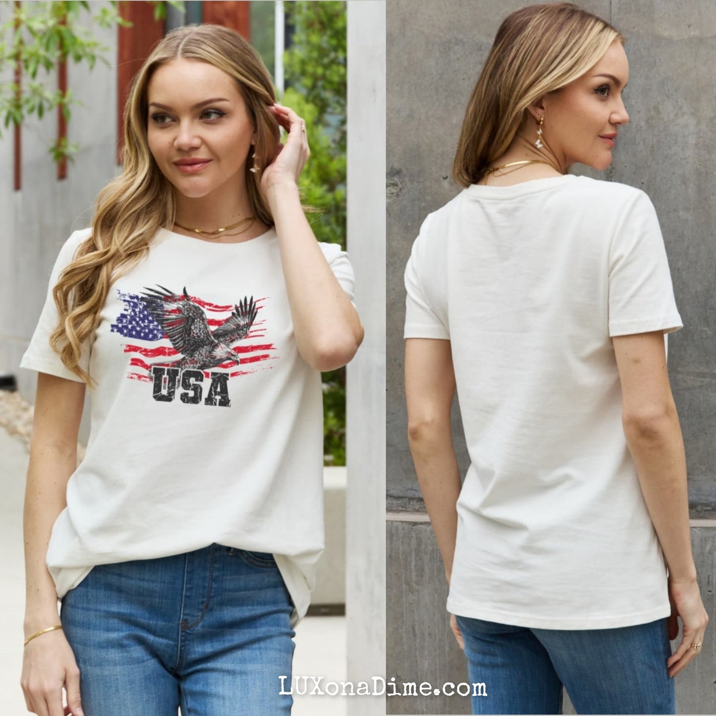 American Flag USA Patriotic Star and Stripe Eagle Graphic 100% Cotton Short-sleeve Tee Shirt