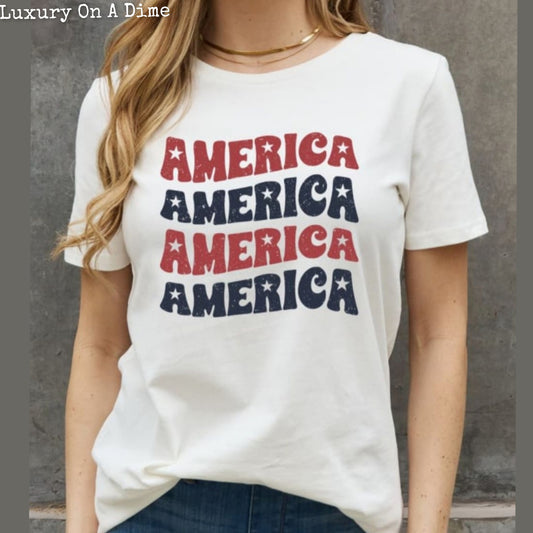 AMERICA Wave Graphic 100% Cotton Short-sleeve Patriotic USA Tee Shirt