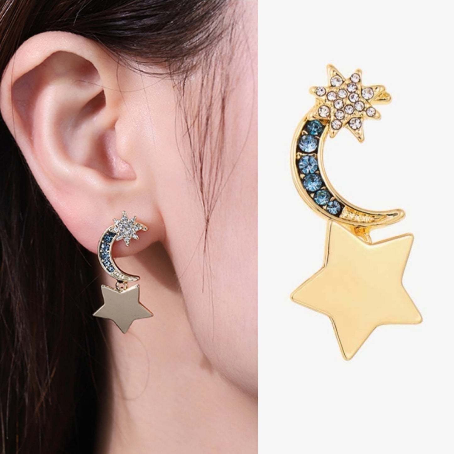 Lasting Wish Inlaid Rhinestone Star and Moon Drop Celestial Earrings