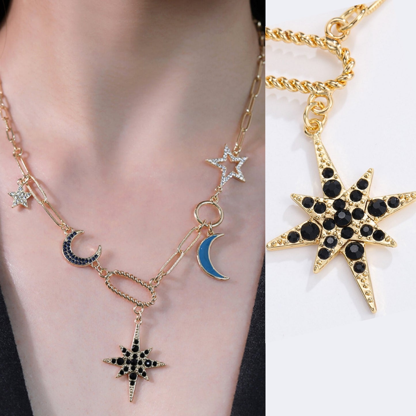 18K GOLD Plated Necklace Star and Moon Rhinestone Milti-link Chain