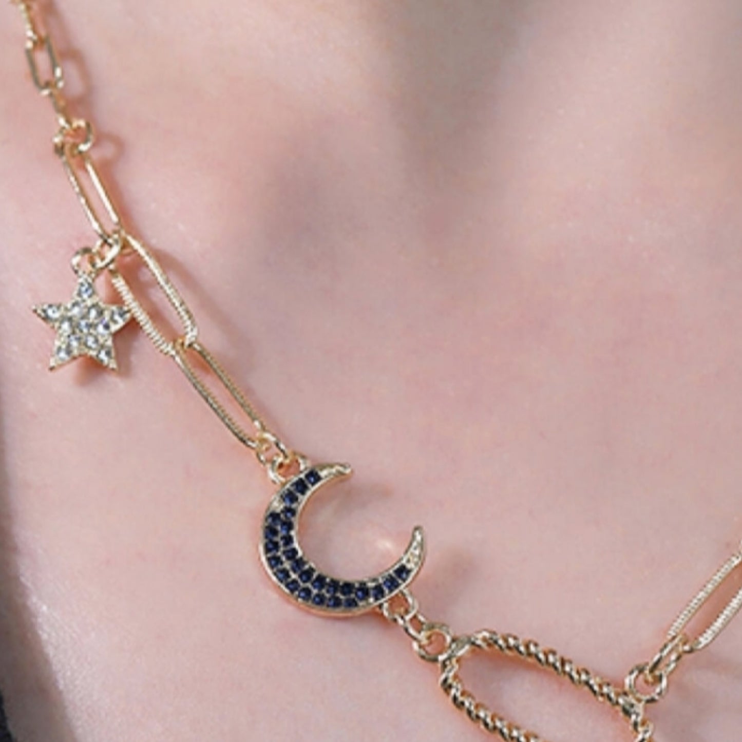 18K GOLD Plated Necklace Star and Moon Rhinestone Milti-link Chain