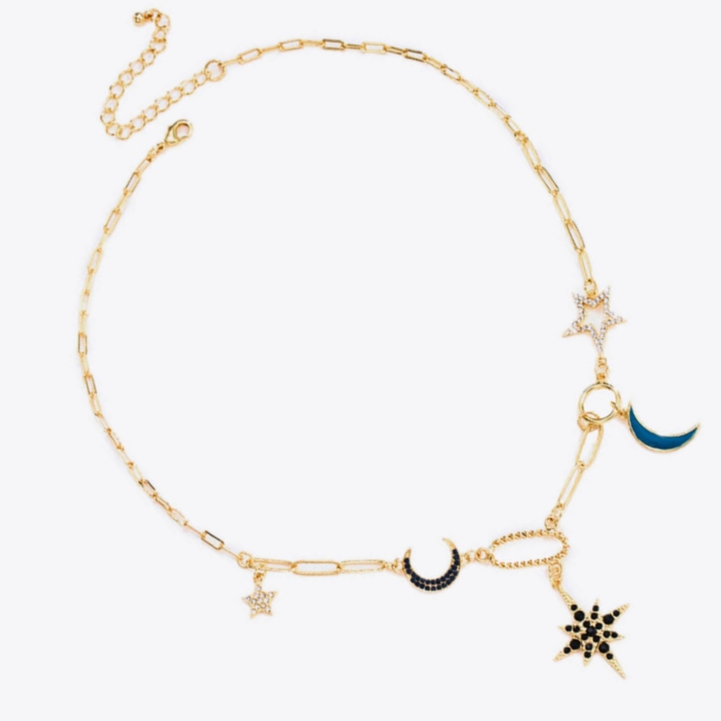 18K GOLD Plated Necklace Star and Moon Rhinestone Milti-link Chain