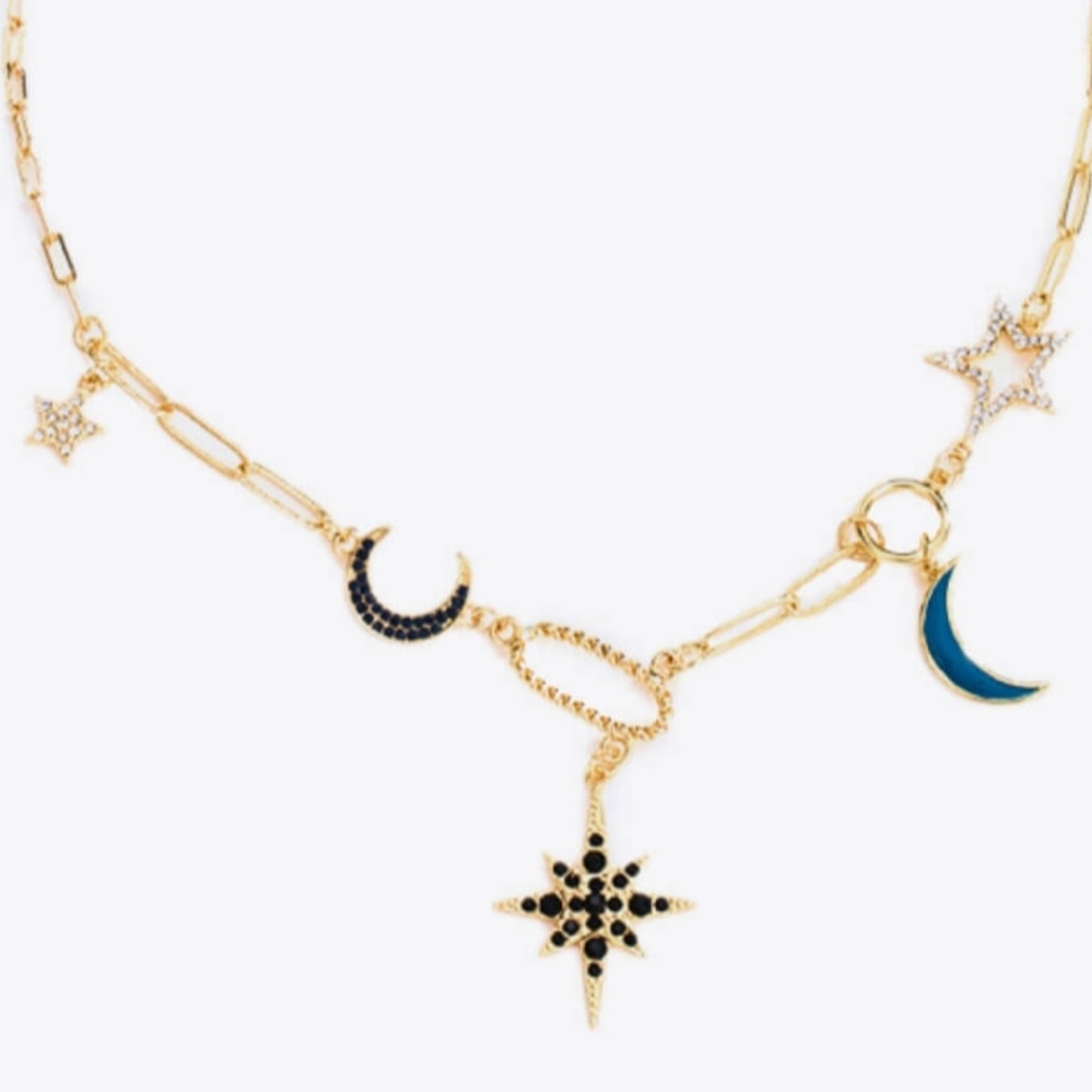 18K GOLD Plated Necklace Star and Moon Rhinestone Milti-link Chain