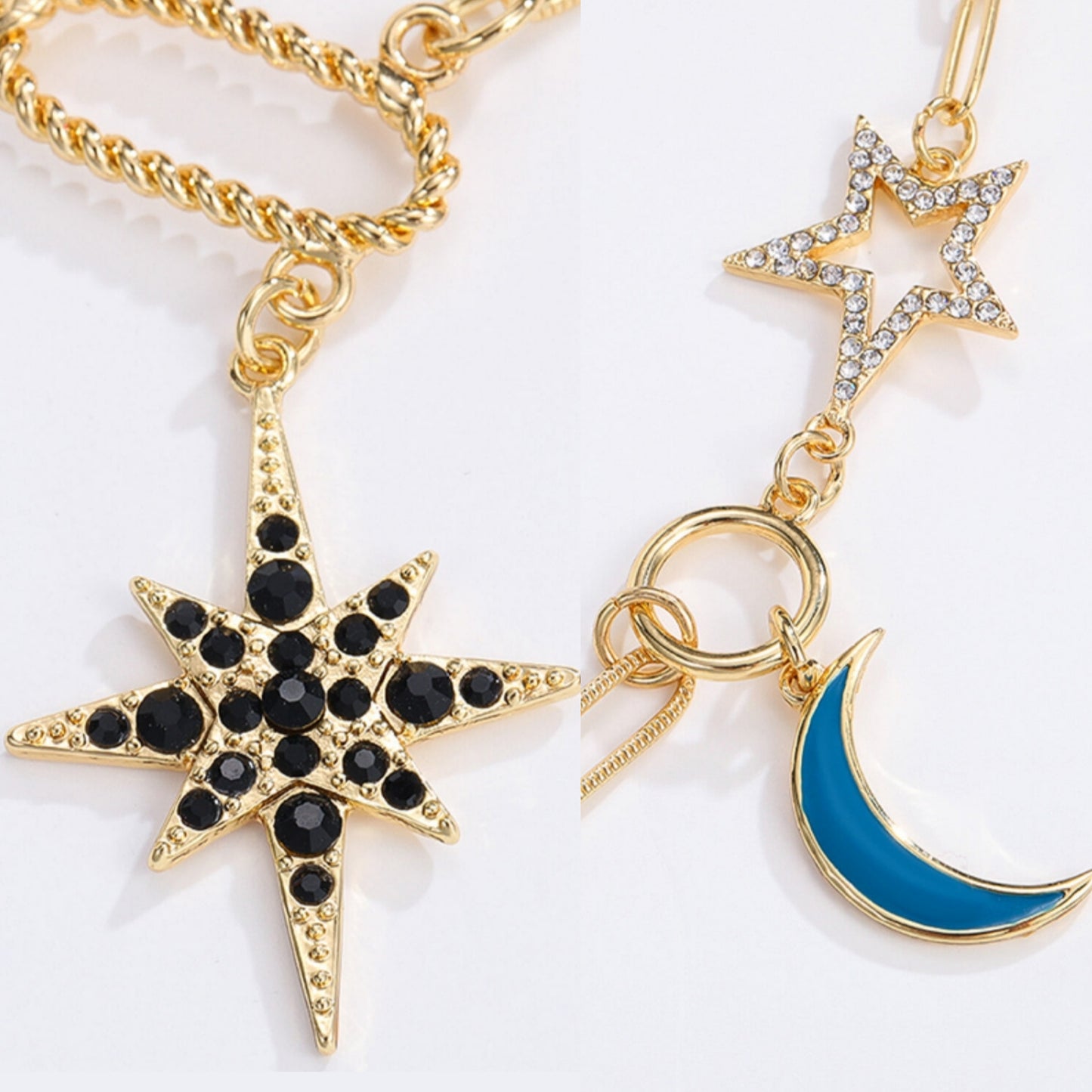 18K GOLD Plated Necklace Star and Moon Rhinestone Milti-link Chain