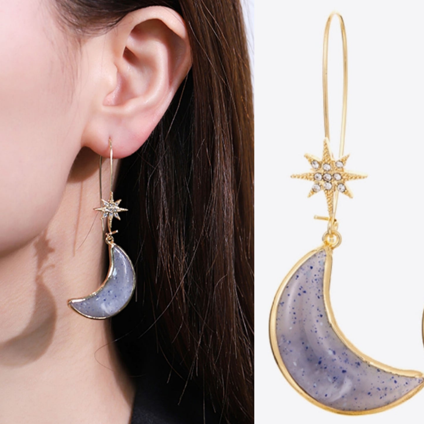 18K Gold Plated Rhinestone Star Resin Moon Dangle Drop Earrings