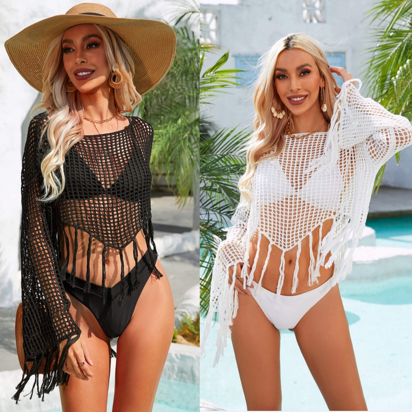 Openwork Fishnet Fringe Trim Long Sleeve Crop Top Cover Up