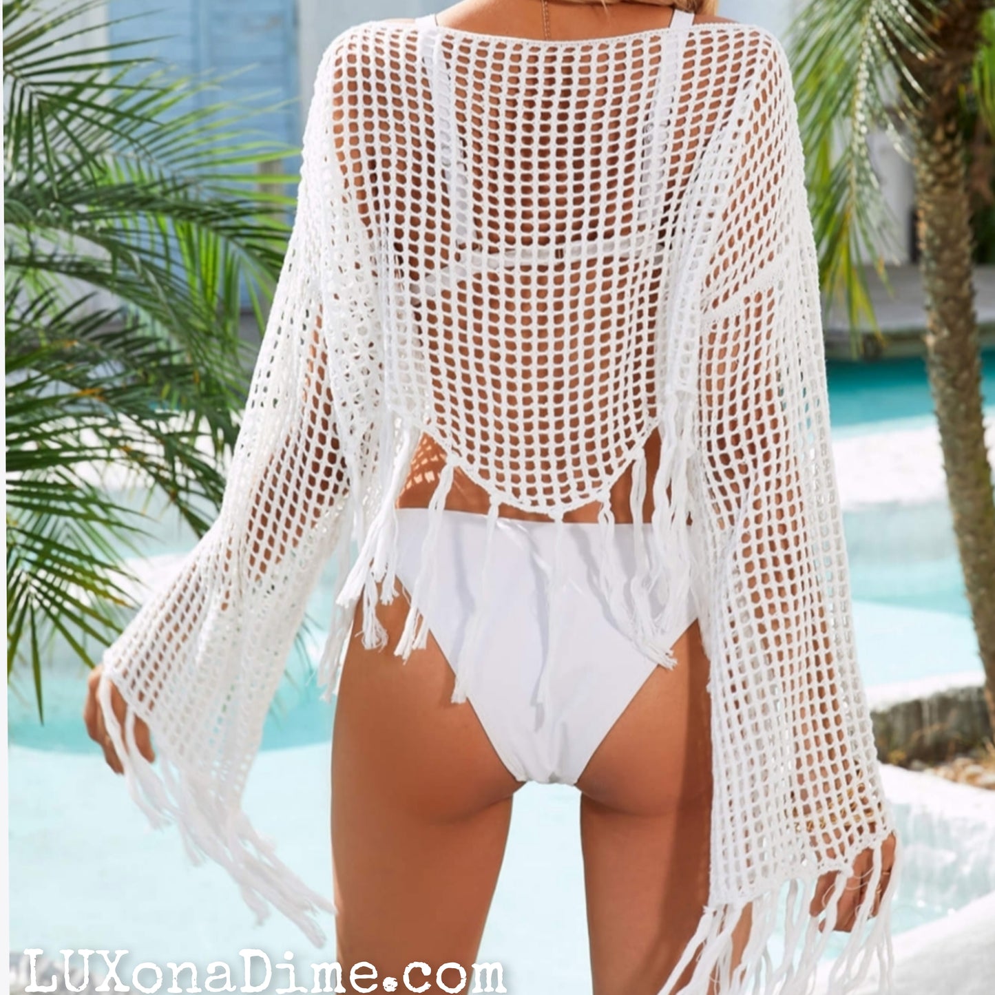 Openwork Fishnet Fringe Trim Long Sleeve Crop Top Cover Up